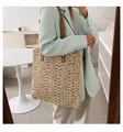 Borsa tote in paglia intrecciata a mano con spallacci in pelle marrone per lo stile estivo - Bianco Sporco