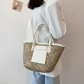 Borsa tote retrò in paglia con finiture in pelle bianca e doppi manici estivi - Bianco