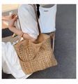 Borsa tote in paglia intrecciata a mano con manici in pelle marrone per estate - Cachi