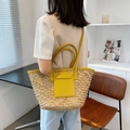 Borsa tote in paglia retrò con finiture in pelle giallo acceso e grande capacità - Giallo