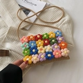 Handmade crochet mini crossbody bag with 3D colorful knit flowers and straw base - Khaki