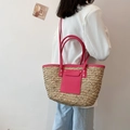 Borsa tote retrò in paglia intrecciata con finiture in pelle fucsia per moda estiva donna - Rosa Rosso