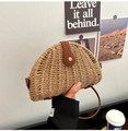 Handmade straw crescent shoulder bag with dark brown leather strap for beach vacations - Khaki