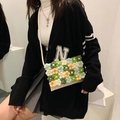 White hand-knitted crossbody bag featuring 3D colorful floral accents for women - Silver Green Flower