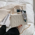 White quilted box bag with gold ring handle and silk scarf detail for women - White