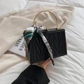 Elegant black chevron quilted box handbag with gold handle and decorative silk scarf - Black