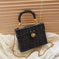 Retro black woven straw box bag with golden chain strap and top handle for beach - Black