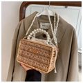 Rattan woven handbag with large pearl handle and long crossbody pearl strap - Natural Wood Color