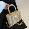 Retro cream straw box bag with top handle and golden chain strap for summer style - Off White