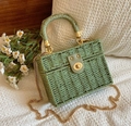 Green woven straw box bag with round top handles and gold chain strap for summer - Green