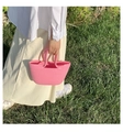 Chic candy pink cotton rope woven handbag with sturdy top handles for summer outings - Small Pink