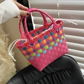 Mini borsa a mano intrecciata a mano color arcobaleno con fodera interna a coulisse - Serie Rosa