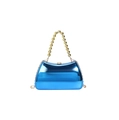 Detail of blue mirrored acrylic evening bag with gold beaded handle and metal chain - Blue