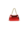 Macro shot of glossy red acrylic evening bag with gold beaded handle and metal chain - Red