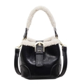 Mini sac seau en cuir noir et fausse fourrure blanche avec boucle dorée et bandoulière - Noir