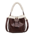 Sac seau vintage en similicuir marron avec détails en laine d'agneau et poignées en peluche - café
