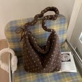 Sac fourre-tout en polaire marron foncé à pois blancs avec cordon en cuir - Marron