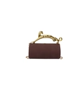 Detail of evening bag showing leopard metal handle with embossed textures and gold chain - Coffee