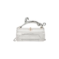 Detalle de bolso de noche cilíndrico en acrílico con asa de leopardo de metal plateado - Transparente