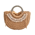 Borsa a mano a semicerchio in paglia intrecciata con conchiglie e manici a righe - Cachi