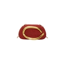 Macro view of red woven evening clutch featuring a stylish gold C-ring metal buckle - Red