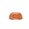 Detail of orange woven acrylic evening bag featuring a large gold metal accent and chain - Orange