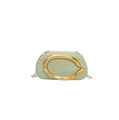 Detail of light green woven fabric texture and large round gold buckle on evening clutch bag - Green