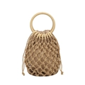 Detail of hand-woven cotton rope beach bag with round wooden handle and drawstring lining - Khaki