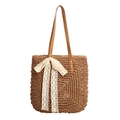 Braune Bast-Stofftasche mit beiger Spitzenschleife und Lederriemen für den Strandurlaub - Khaki