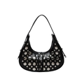 Bolso hobo negro de media luna con remaches plateados y cierre de cremallera doble - Negro