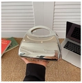 Silver mirror party clutch bag with metallic curved handle and crossbody chain strap - Silver