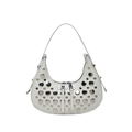 White leather hobo bag with silver metallic studs and trendy crescent moon shape - White