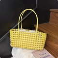 Handwoven yellow basket bag with hollow pattern and cream drawstring inner pouch - Yellow