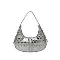 Silver crescent hobo bag with metallic finish and studded rhinestone accents - Silver