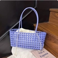 Purple hand-woven basket bag with beige drawstring inner pouch and long handles - Purple