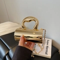 Mini bolso de fiesta dorado cilíndrico con asa de diseño y correa de cadena fina - Oro Claro