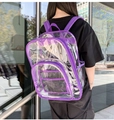 Vue détaillée du sac à dos en PVC violet transparent avec poches filet et bretelles - Sac Unique / Violet