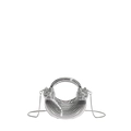Detail of silver crescent acrylic evening bag with metallic pleats and round top handle - Silver