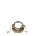 Detail of a crescent gold evening bag featuring horizontal textures and a round handle - Gold