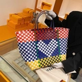 Handmade multi-color woven tote bag with a white heart pattern and transparent handles - Colorful Heart Style