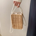 Handwoven straw box bag with elegant pearl handles and drawstring inner lining - Khaki