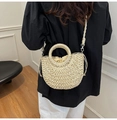 Detail of hand-woven straw crossbody bag with half-moon shape and wooden handle - Off White