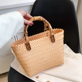 Retro gewebte Handtasche mit Bambusgriff und natürlicher Strohtextur für den Strand - Khaki (Wie Abgebildet)