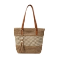 Handwoven straw tote bag with contrast stripes and brown leather straps for summer vacation - Khaki