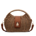 French style straw handbag in tan brown with leather flap and gold clasp detail - Khaki