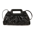 Fashionable black glossy pleated handbag with rectangular handle and thin shoulder strap - Black