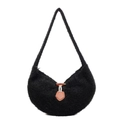 Borsa a spalla in peluche nera con bottone vintage ad alamaro e dettagli in pelle - Nero