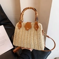 Sac à main en paille crème avec poignée en bambou vintage et bandoulière en cuir brun - Blanc Cassé