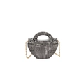 Chic dark gray acrylic woven handbag with golden metal chain strap on white background - Gunmetal