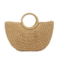 Minimalist straw woven beach tote with round handle and semicircular summer holiday design - Large / Khaki